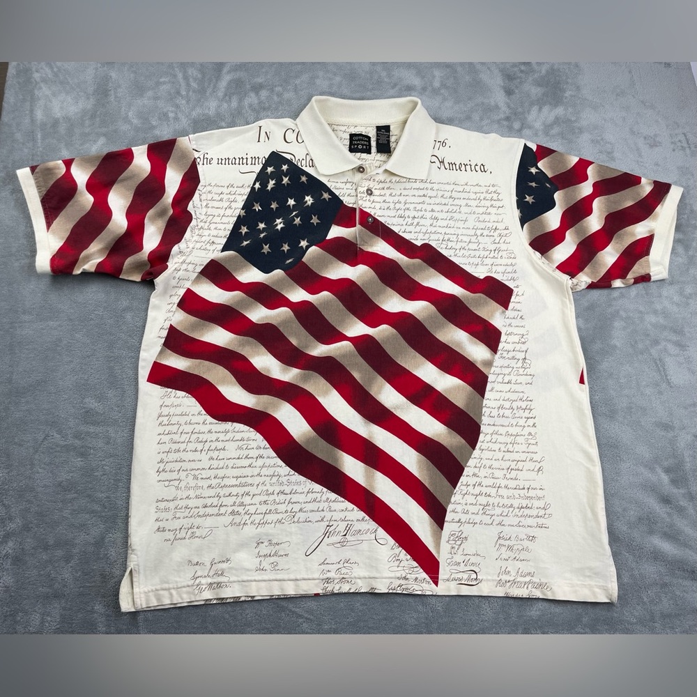 Cotton Traders Sport Polo Shirt Patriotic USA American Flag Mens XXL Declaration